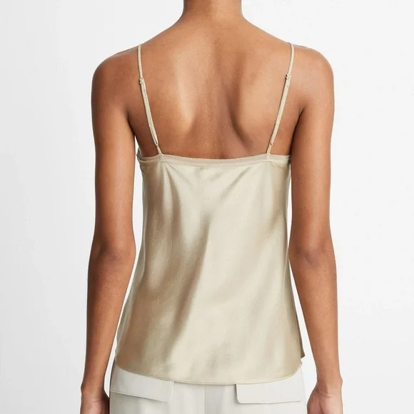New! Vince Chiffon-Trim 100% Silk Camisole Adjustable Spaghetti Straps - Picture 5 of 8